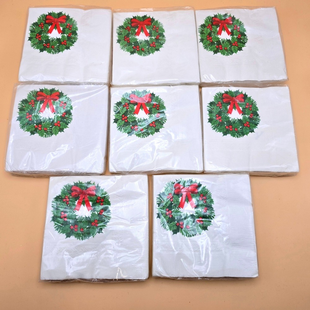 Vintage Hallmark Christmas Wreath Beverage Napkins 8 Packs Count 10x10 White